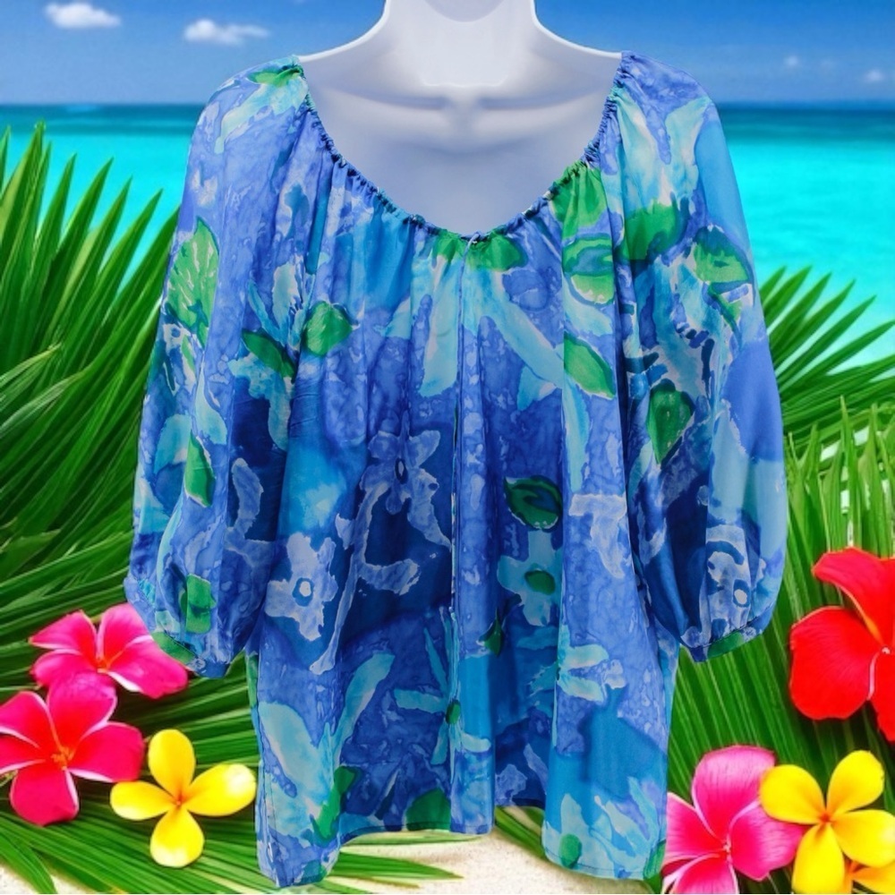 Lauren Ralph Lauren 100% Silk Floral Hawaiian Resort Luau Blouse‎ Size XL